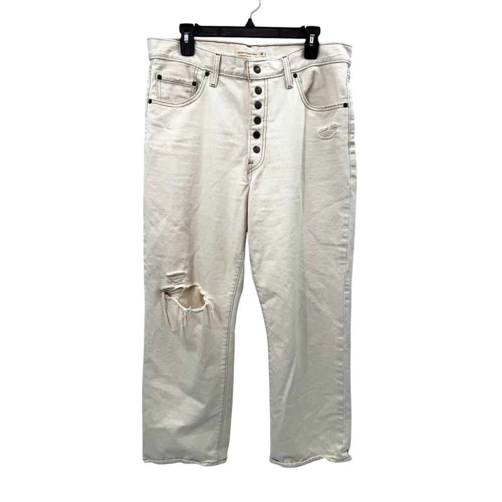 Levis Ribcage Straight Ankle Jeans Womens 32 Cream Distressed Snap Button Fly Co